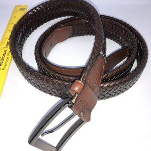 AGA Brown Leather Belt Weave Pattern with‎ Brass Buckle Men's 54/56 Western